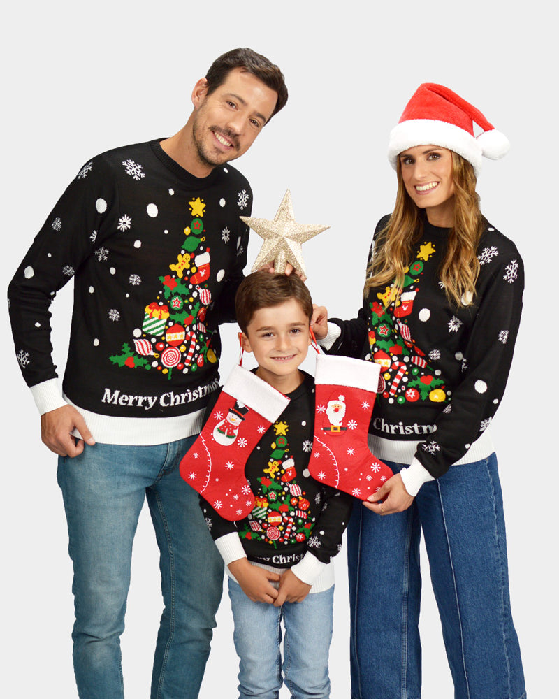 Maglione Natalizio Bambini Nero Famiglia Albero Natalizio