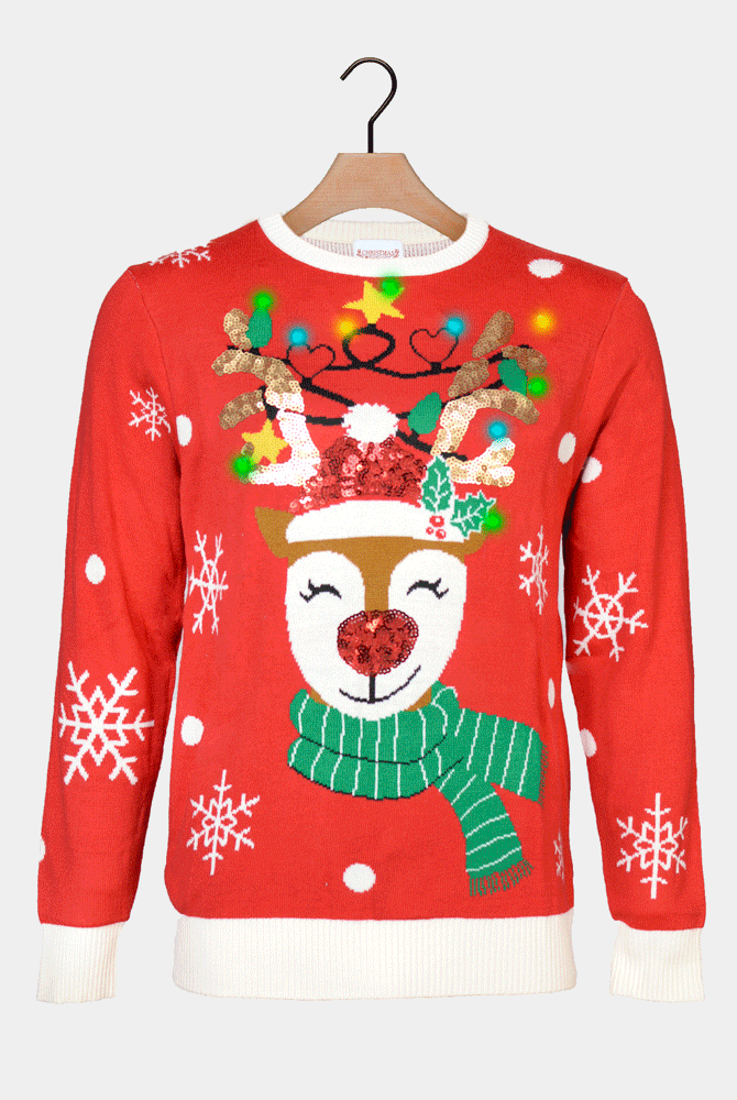 Maglione Natalizio di Bambini Renna Brillante Paillettes Luci LED