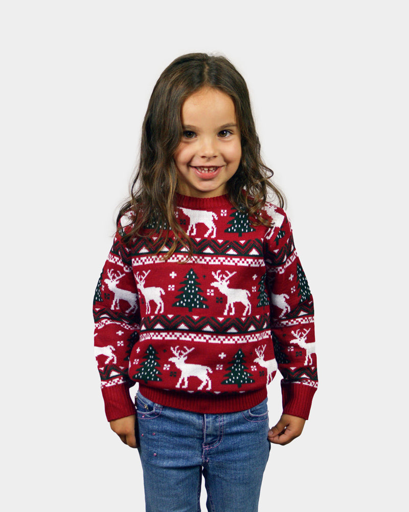 Maglione Natalizio per Bambini Rosso Alberi di Natale e Renne