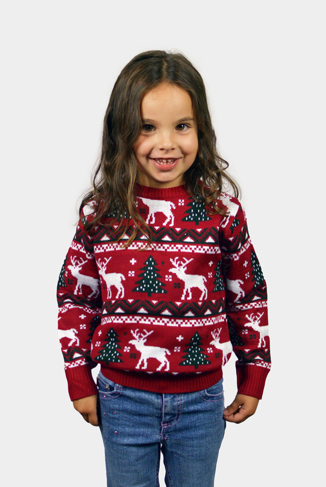 Maglione Natalizio per Bambini Rosso Alberi di Natale e Renne