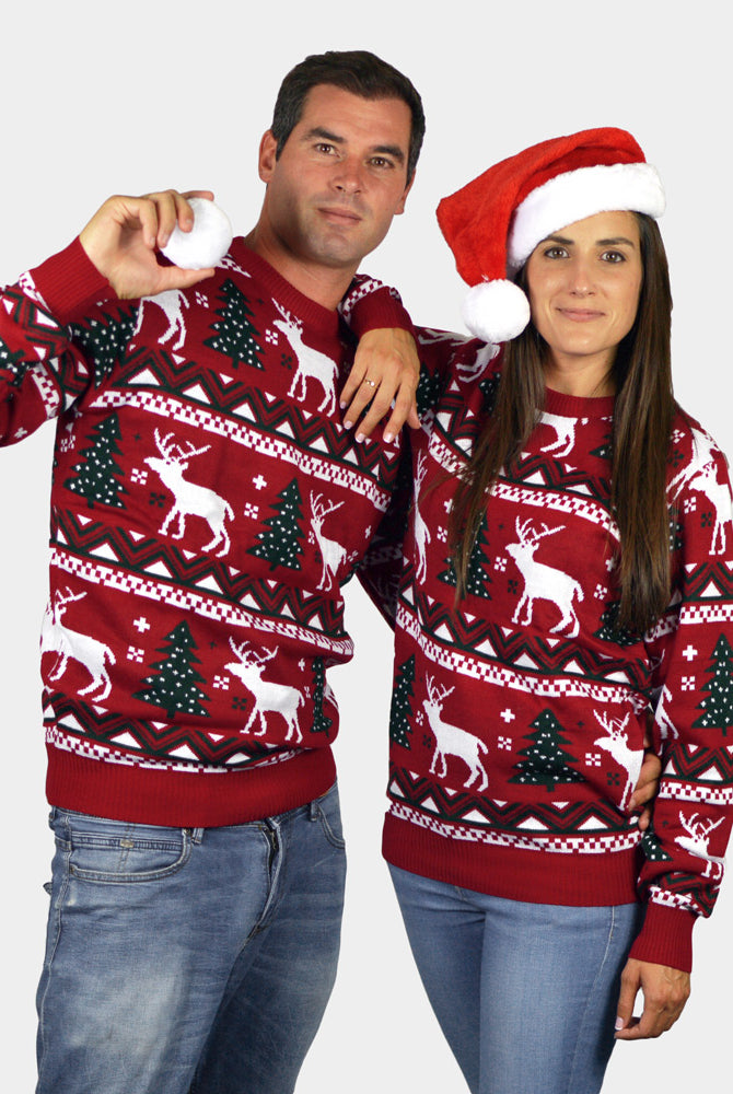 Maglione Natalizio Bambini Donna Uomo Rosso Alberi di Natale e Renne