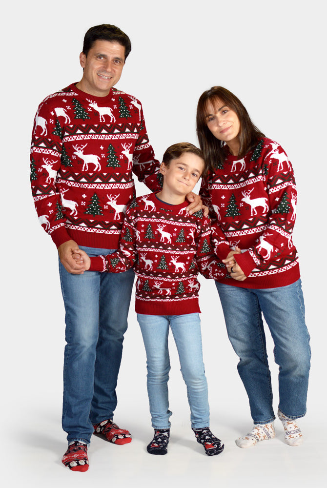 Maglione Natalizio per Bambini Rosso Alberi di Natale e Renne Famiglia