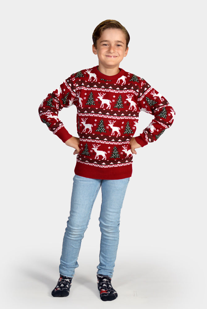 Maglione Natalizio per Bambini Rosso Alberi di Natale e Renne
