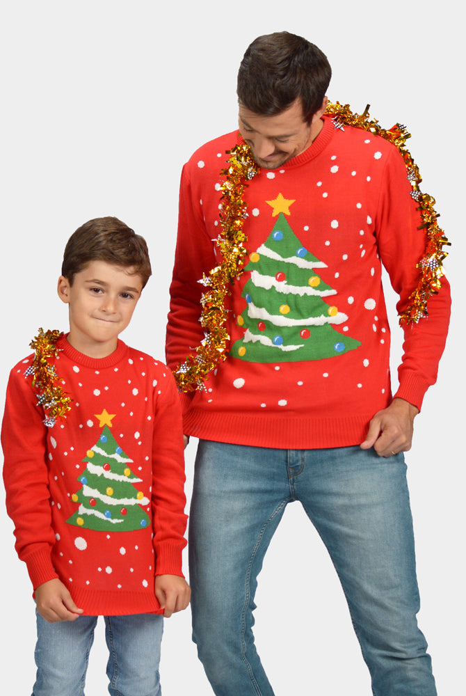 Rosso Albero di Natale Maglione Natalizio Uomo Bambini Familglia