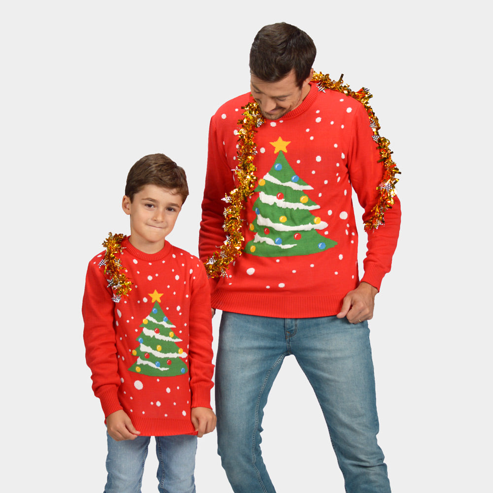 Rosso Albero di Natale Maglione Natalizio Uomo Bambini Familglia