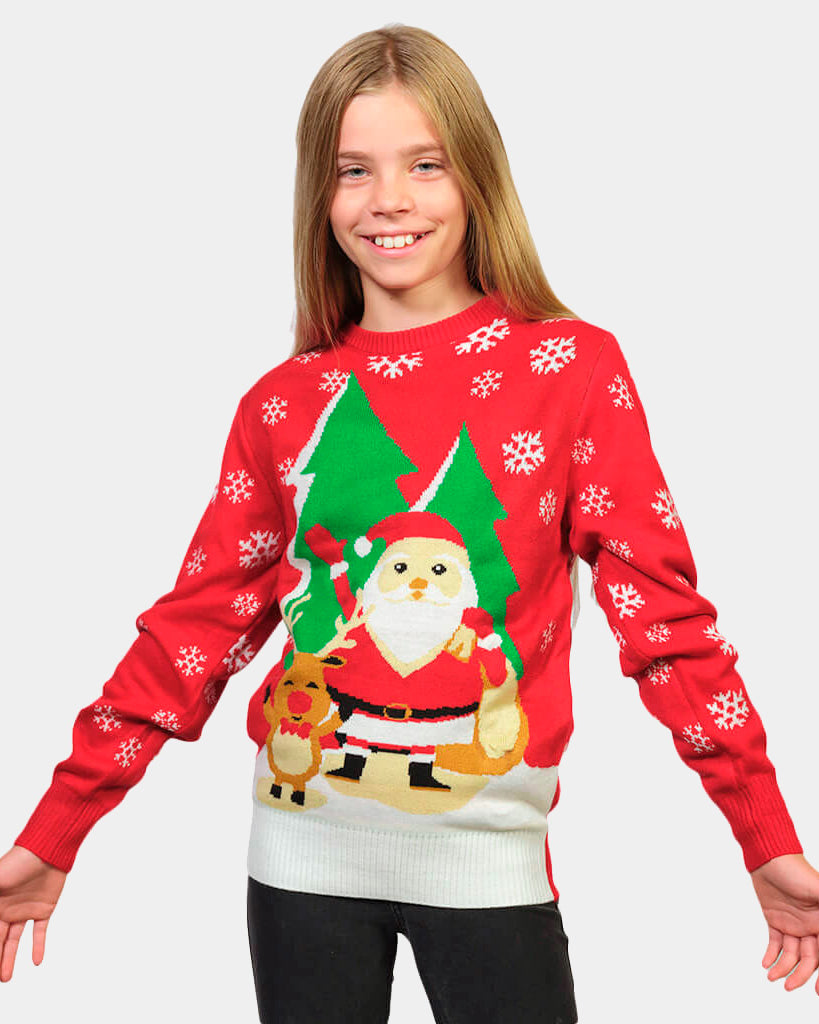 Maglione Natalizio per Bambini Rosso con Babbo Natale e Renna che Salutano