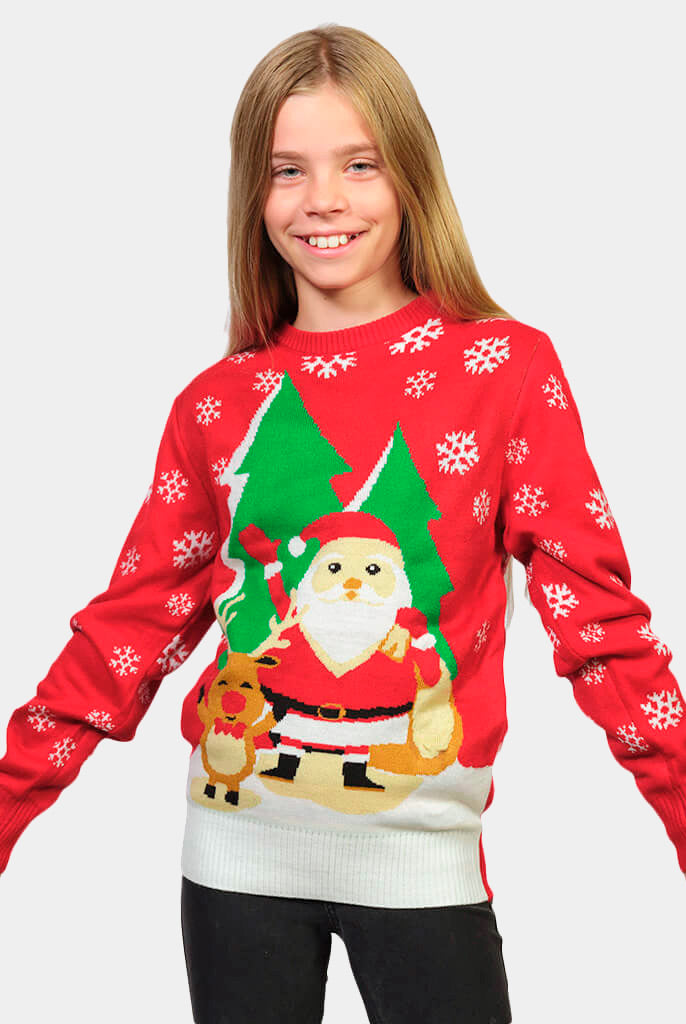 Maglione Natalizio per Bambini Rosso con Babbo Natale e Renna che Salutano