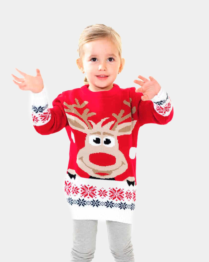 Maglione Natalizio Bambini Rosso con Renna e Neve
