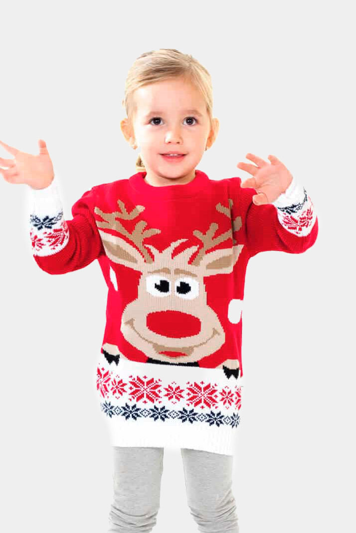 Maglione Natalizio Bambini Rosso con Renna e Neve