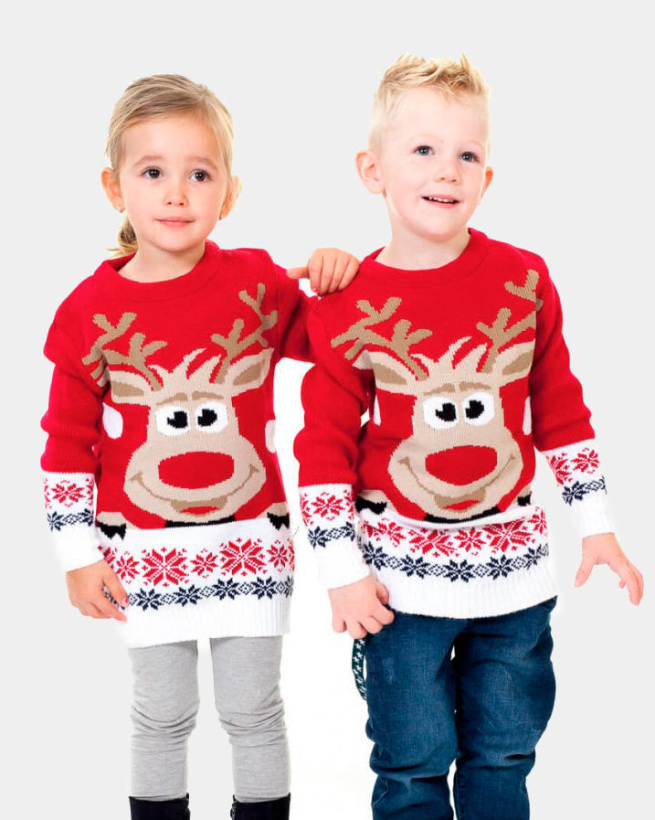 Maglione Natalizio per Bambini Rosso con Renna e Neve