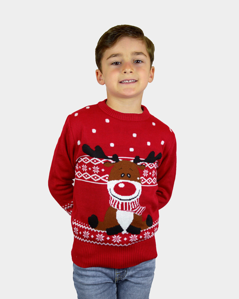Maglione Natalizio per Bambini Rosso Renna Rudolph con Sciarpa
