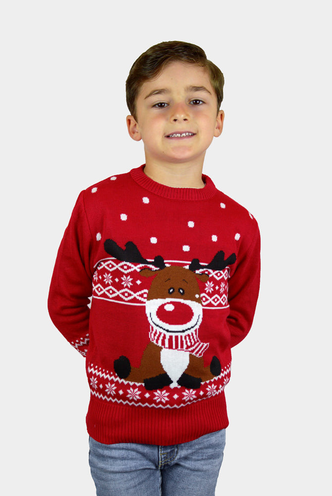 Maglione Natalizio per Bambini Rosso Renna Rudolph con Sciarpa