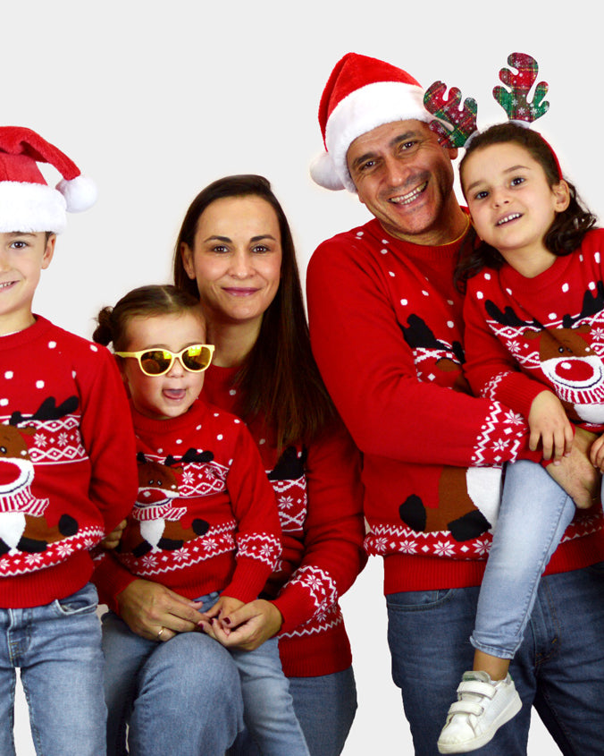 Maglione Natalizio per Bambini Rosso Renna Rudolph con Sciarpa famiglia