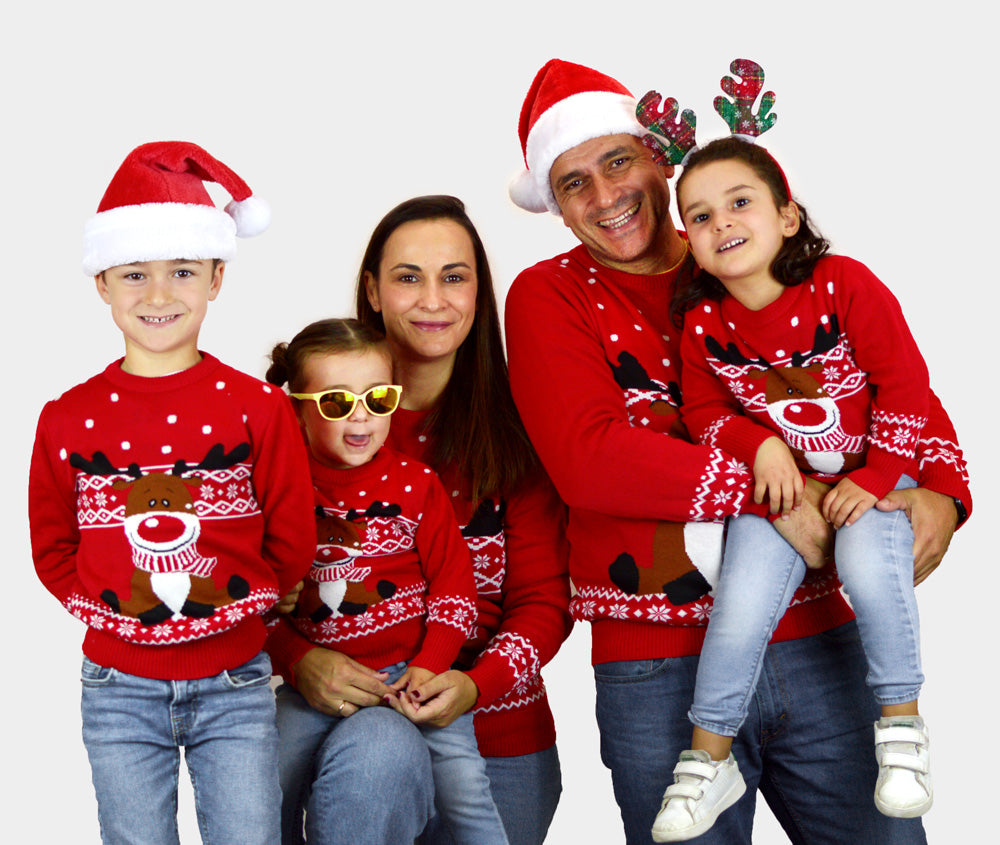 Maglione Natalizio per Bambini Rosso Renna Rudolph con Sciarpa famiglia