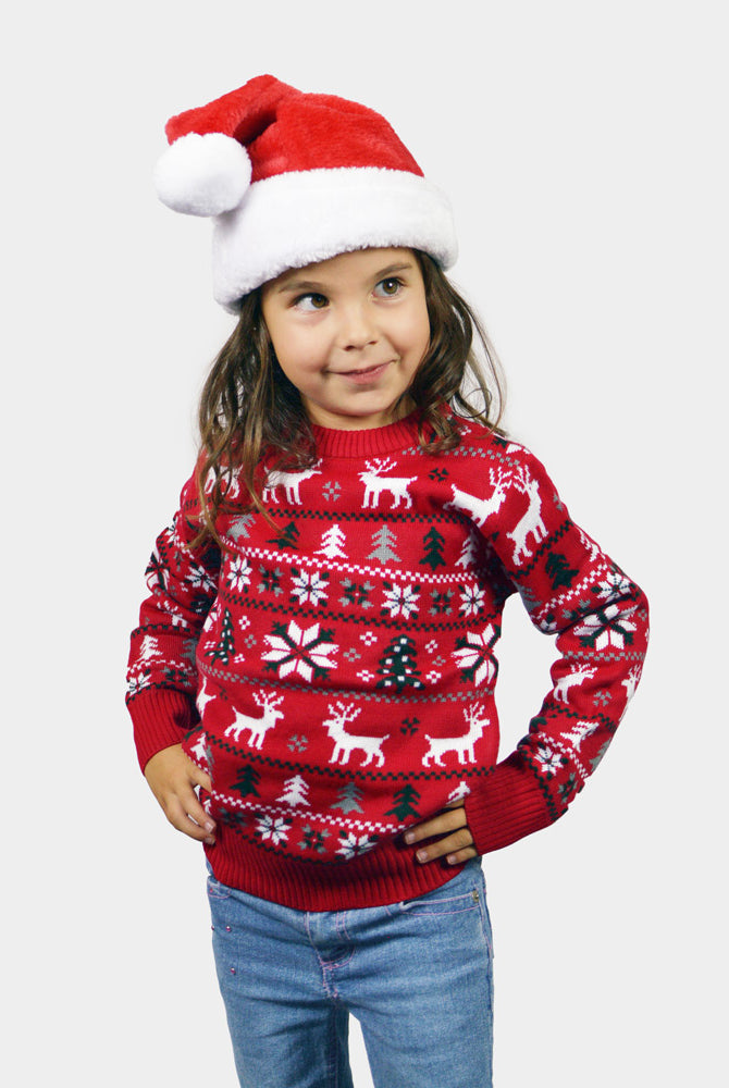 Maglione Natalizio per Bambini Rosso Renne, Alberi e Stelle Polari
