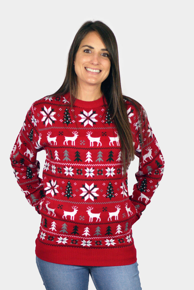 Maglione Natalizio Bambini Rosso Renne, Alberi e Stelle Polari Donna