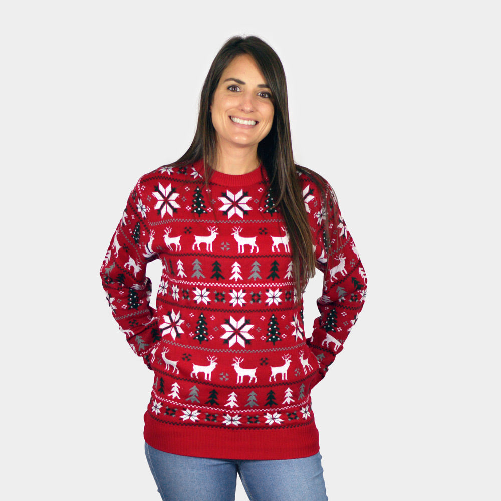 Maglione Natalizio Bambini Rosso Renne, Alberi e Stelle Polari Donna
