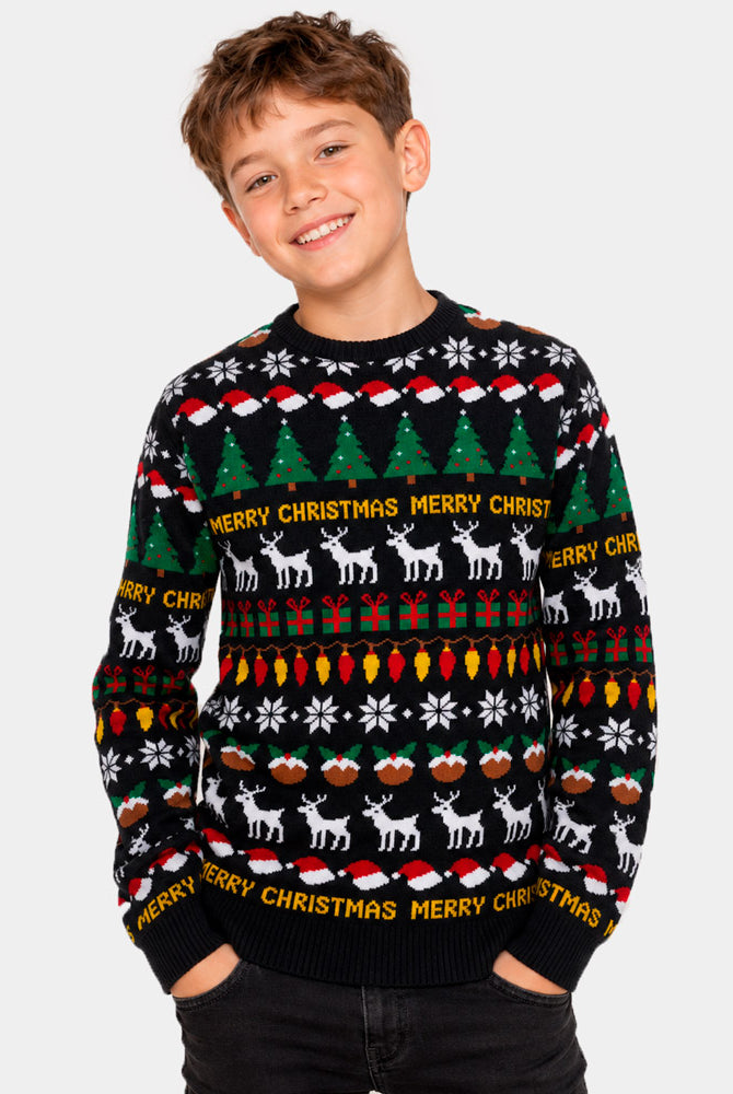 Maglione Natalizio per Bambino Nero con Alberi, Renne e Regali