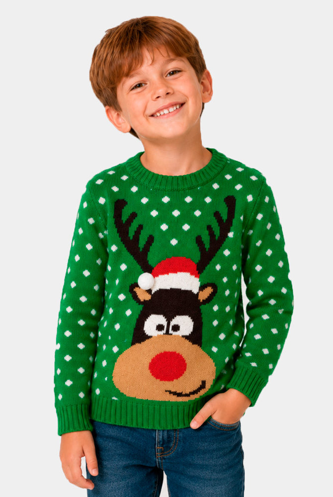 Maglione Natalizio Bambino Verde Renna con Cappello in 3D