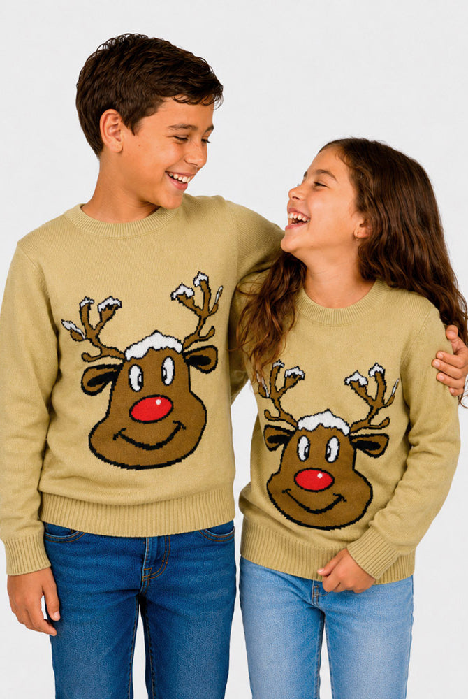 Maglione Natalizio Beige con Renna Sorridente Bambini