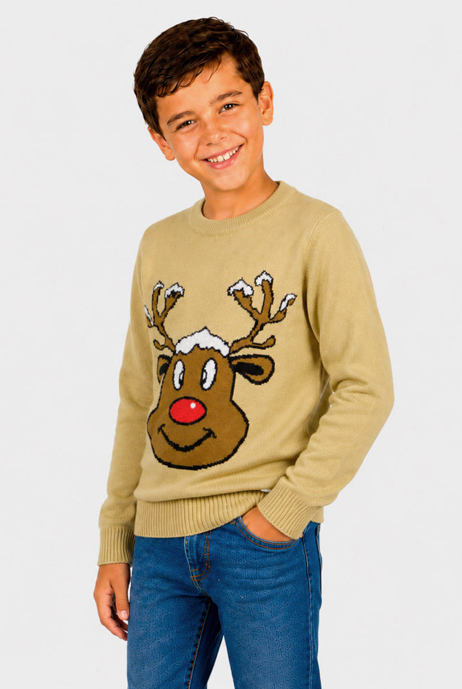 Maglione Natalizio Beige con Renna Sorridente Bambino
