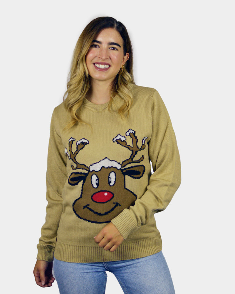 Maglione Natalizio Beige con Renna Sorridente Donna