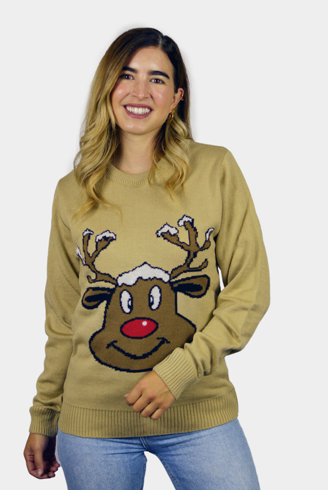 Maglione Natalizio Beige con Renna Sorridente Donna