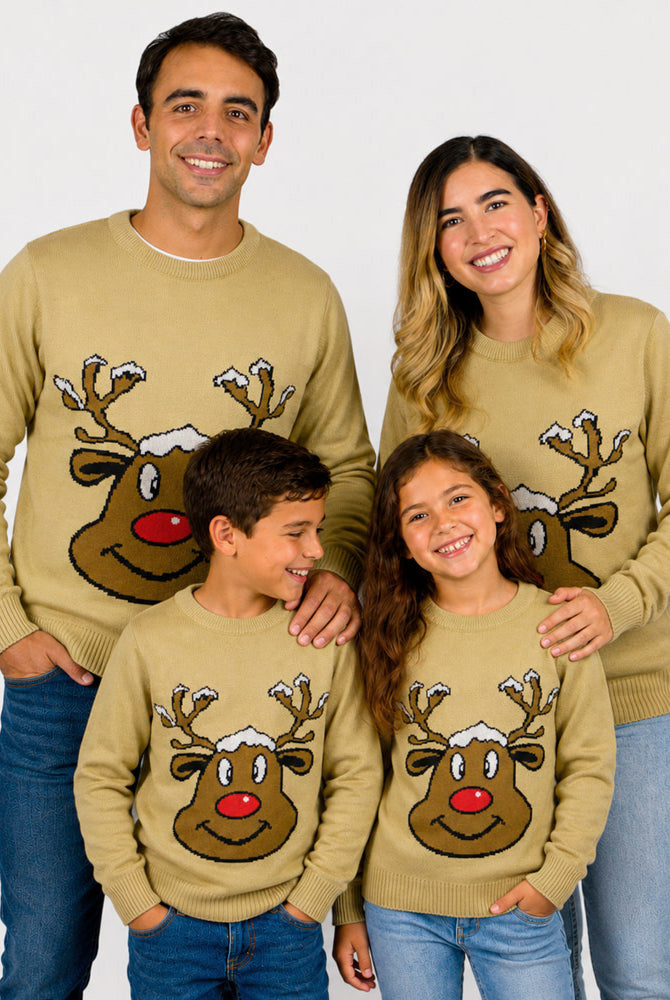 Maglione Natalizio Beige con Renna Sorridente Famiglia