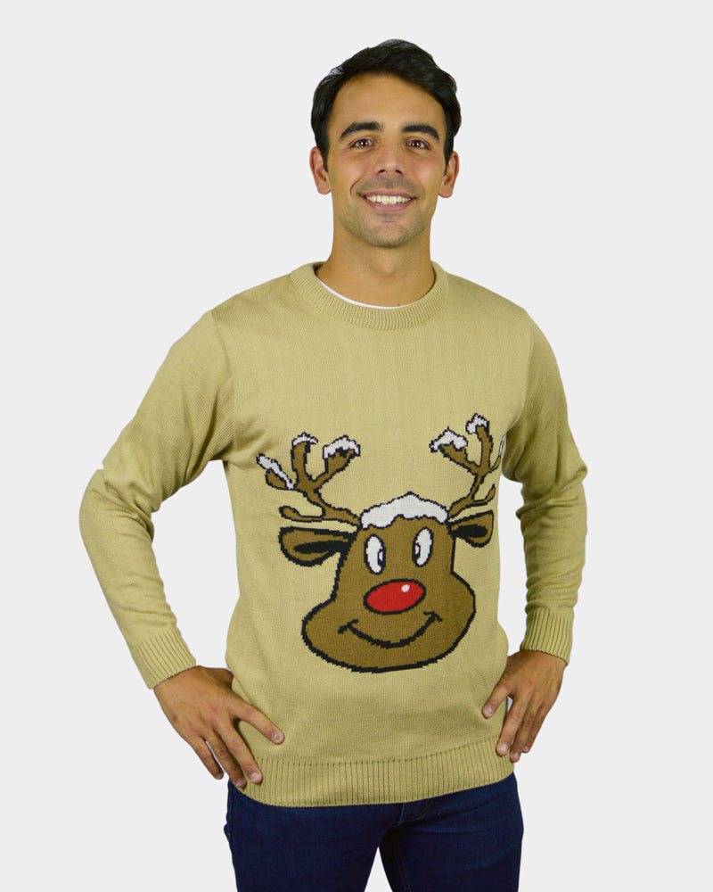 Maglione Natalizio Beige con Renna Sorridente Uomo