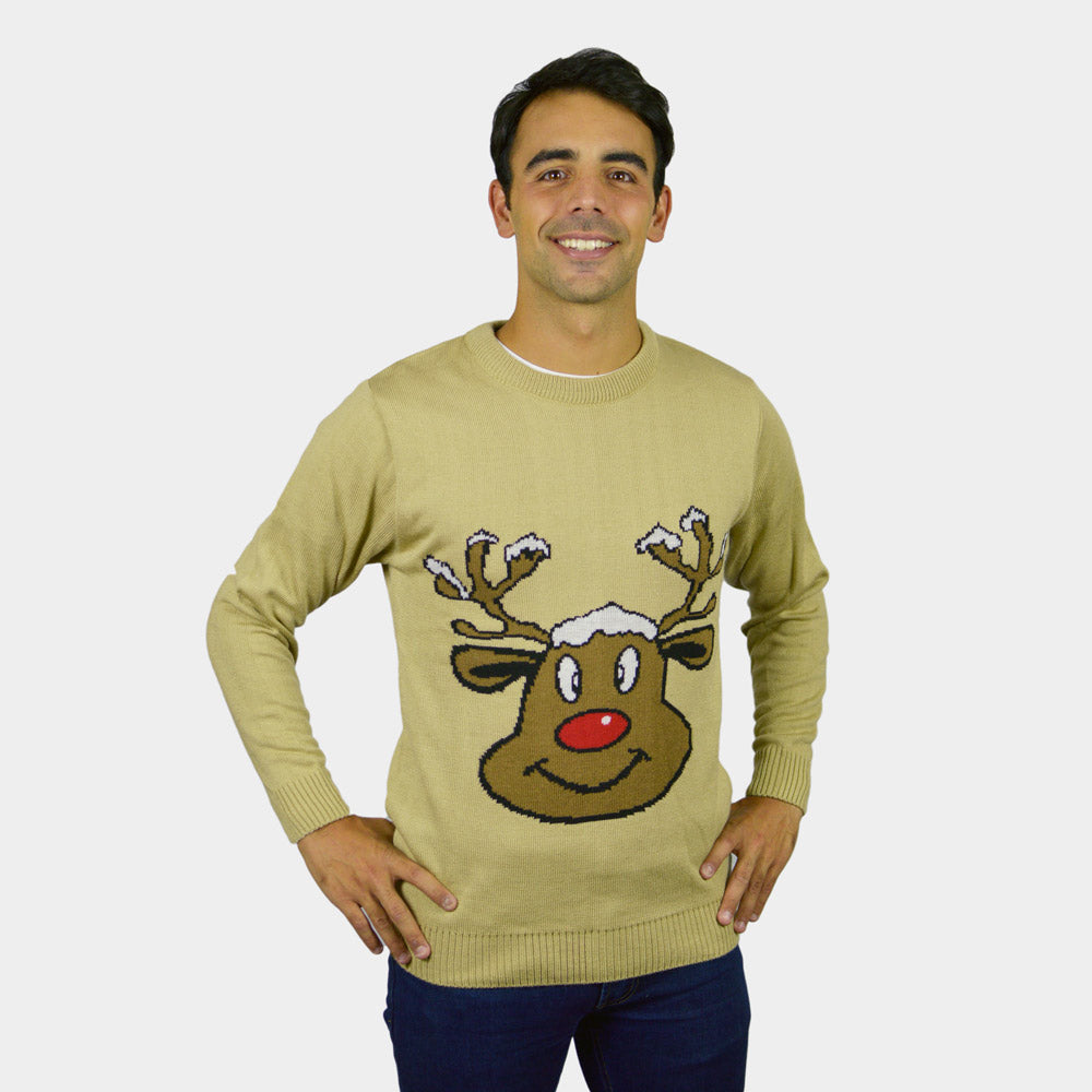 Maglione Natalizio Beige con Renna Sorridente Uomo