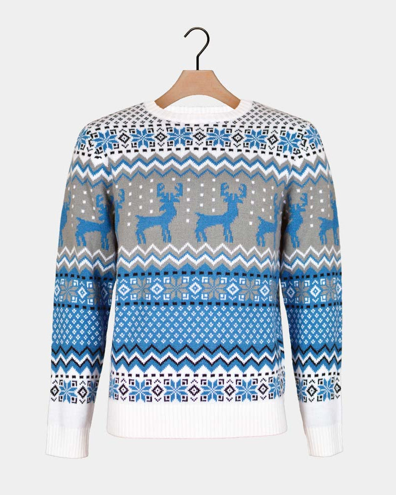 Maglione Natalizio Bianco, Grigio e Blu con Renne Elegante