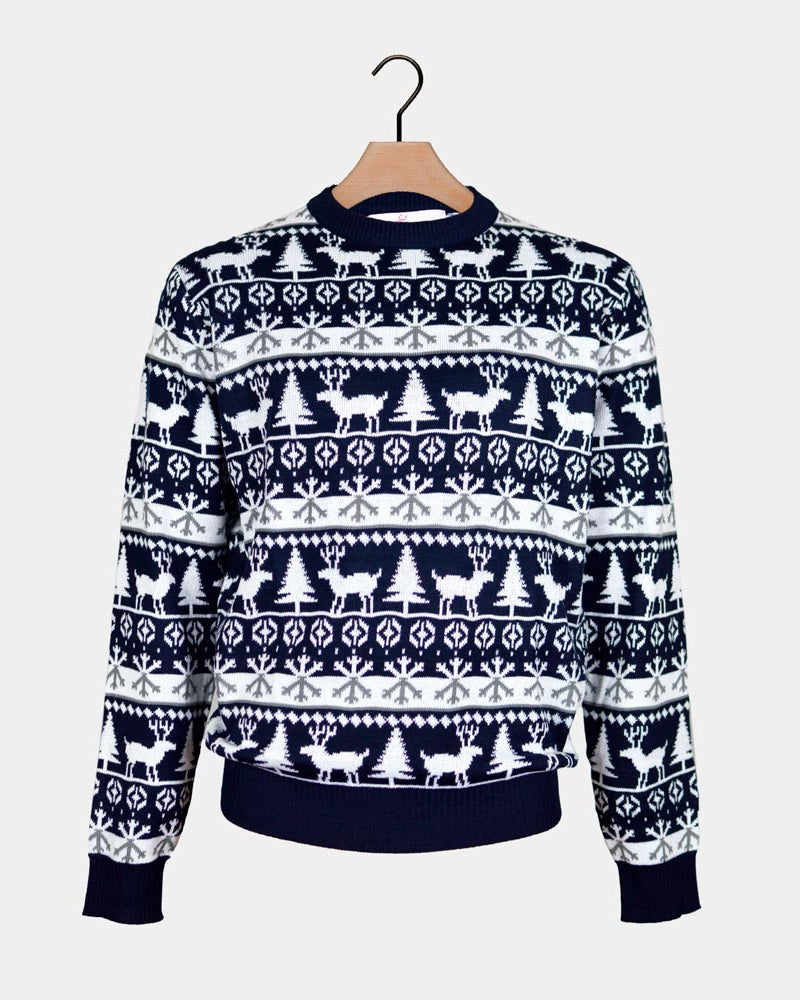 Maglione Natalizio Blu Alberi di Natale e Renne