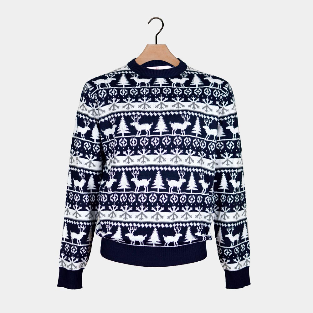 Maglione Natalizio Blu Alberi di Natale e Renne