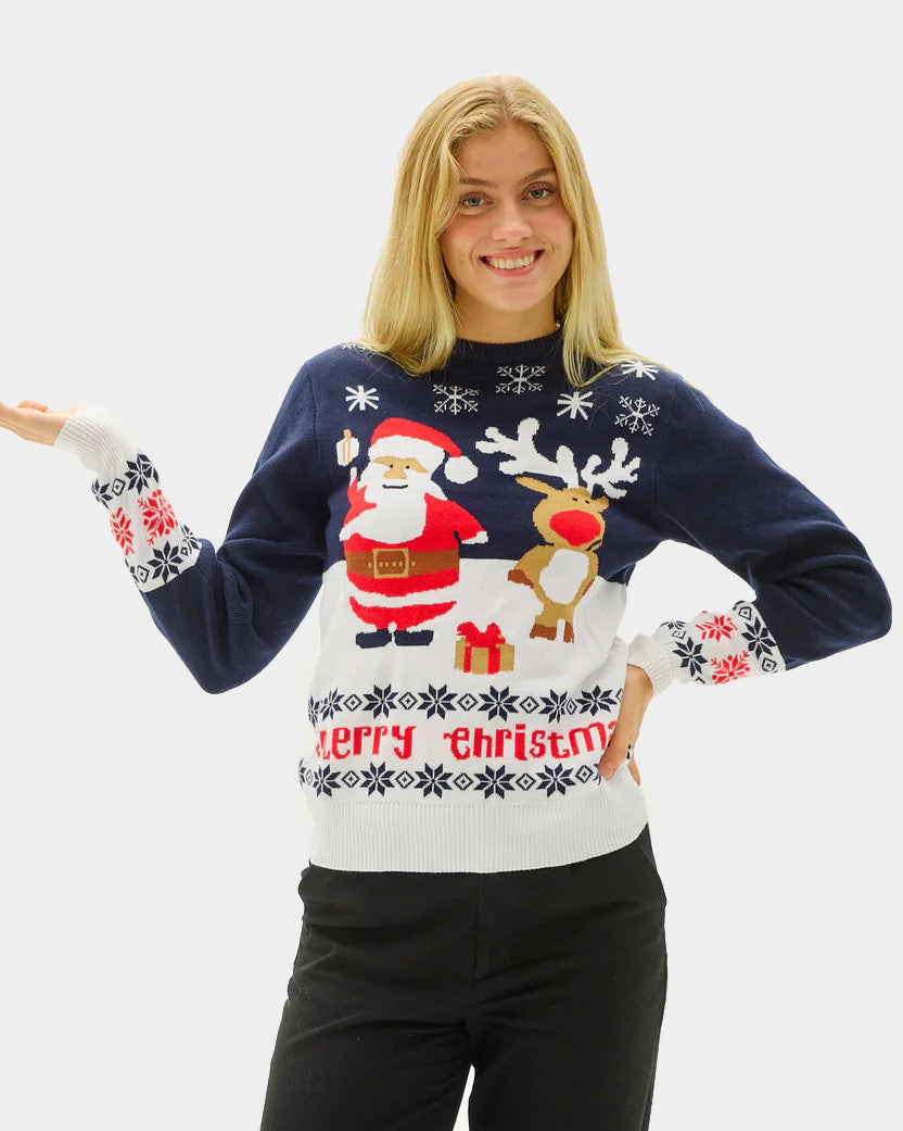 Maglione Natalizio Donna Blu Babbo Natale e Renna Rudolph