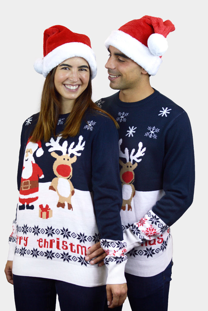 Maglione Natalizio Coppia Babbo Natale Blu con e Renna Rudolph
