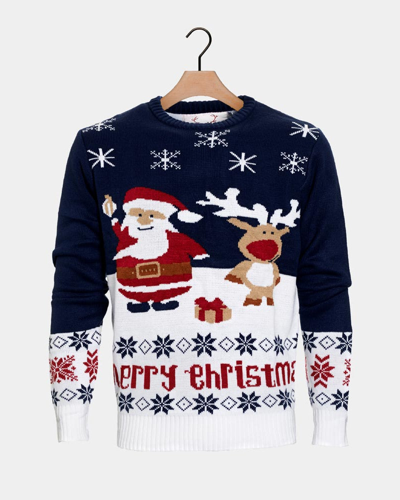 Maglione Natalizio Blu da Donna con Babbo Natale e Renna Rudolph