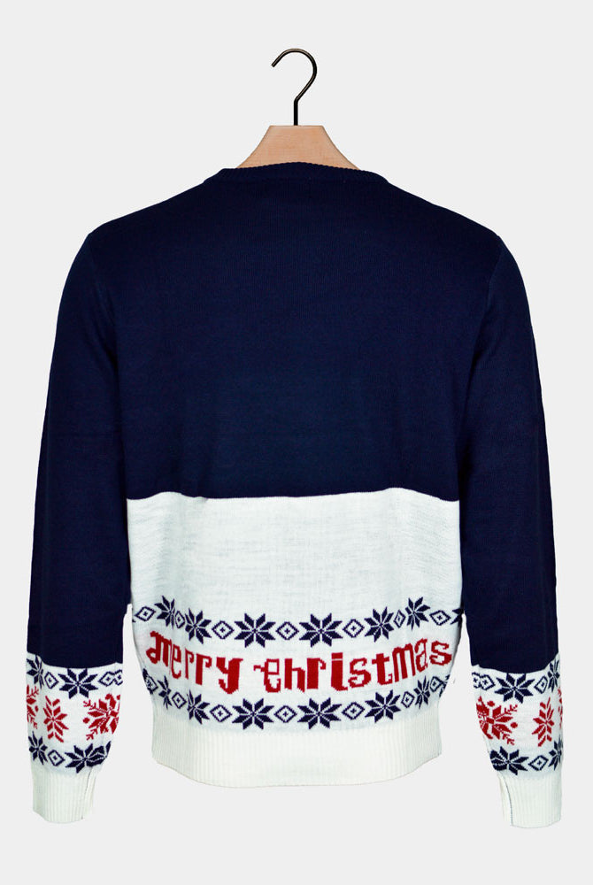 Maglione Natalizio Blu con Babbo Natale e Renna Rudolph da Uomo