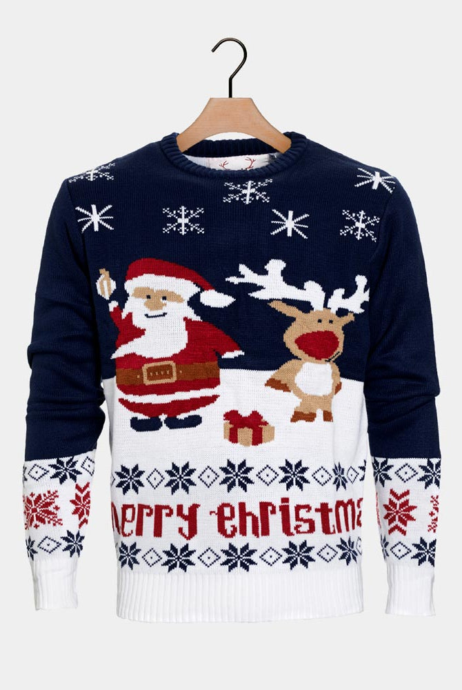 Maglione Natalizio da Uomo Blu con Renna Rudolph e Babbo Natale