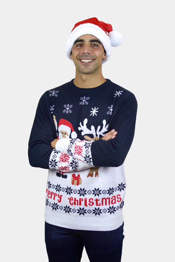 Maglione Natalizio Uomo Blu Babbo Natale e Renna Rudolph