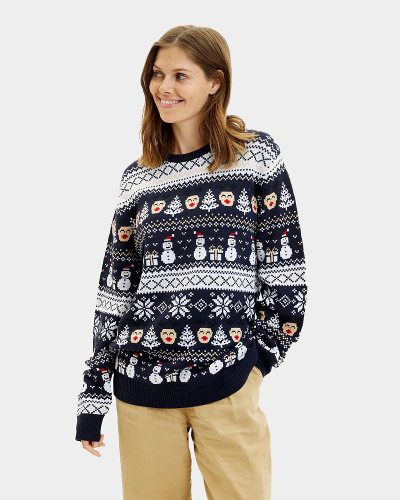 Maglione Natalizio Donna Blu Pupazzi di Neve e Motivi Natalizi