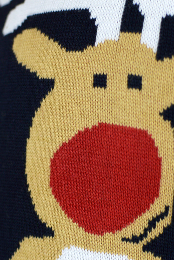 Maglione Natalizio Blu Famiglia con Babbo Natale e Renna Rudolph