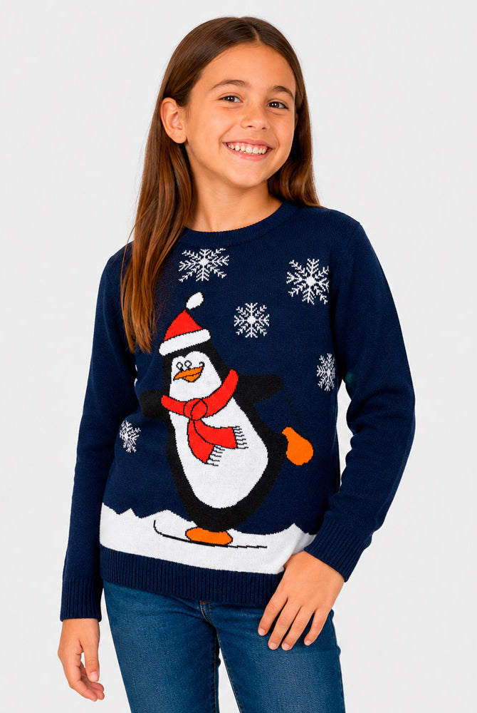 Maglione Natalizio Blu Navy con Pinguino Bambina