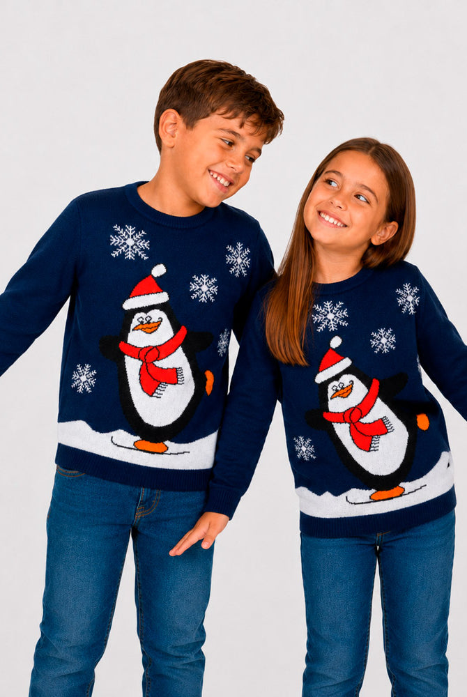 Maglione Natalizio Blu Navy con Pinguino Bambini