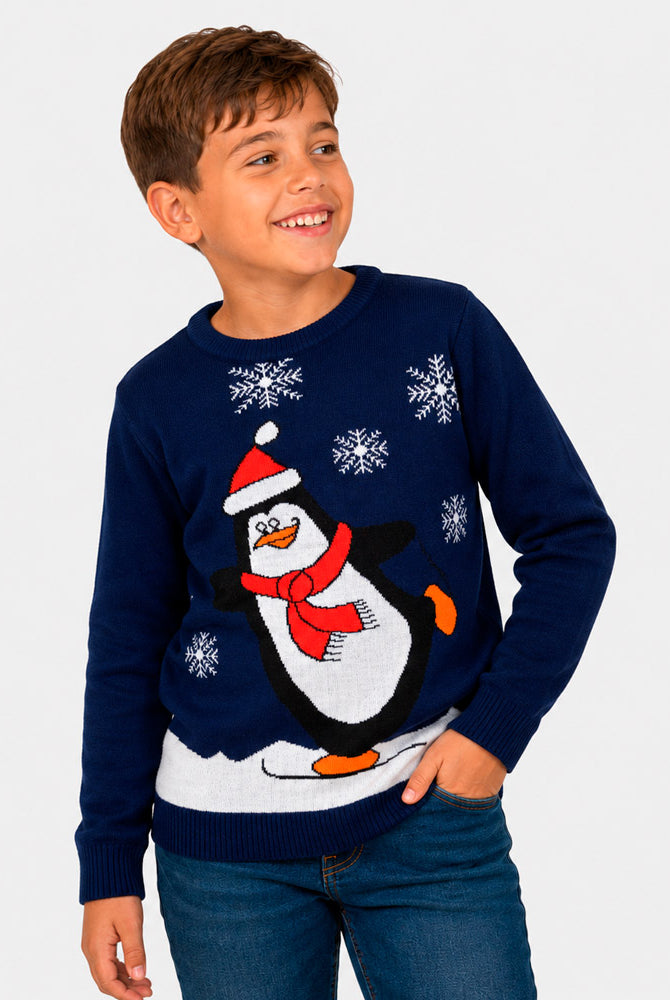 Maglione Natalizio Blu Navy con Pinguino Bambino