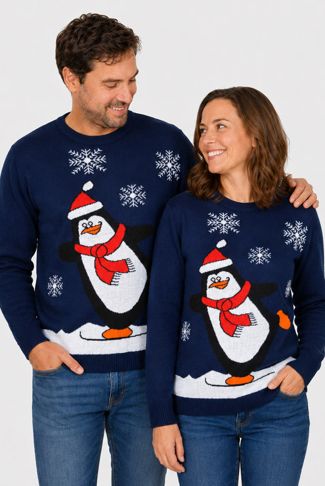 Maglione Natalizio Blu Navy con Pinguino Coppia