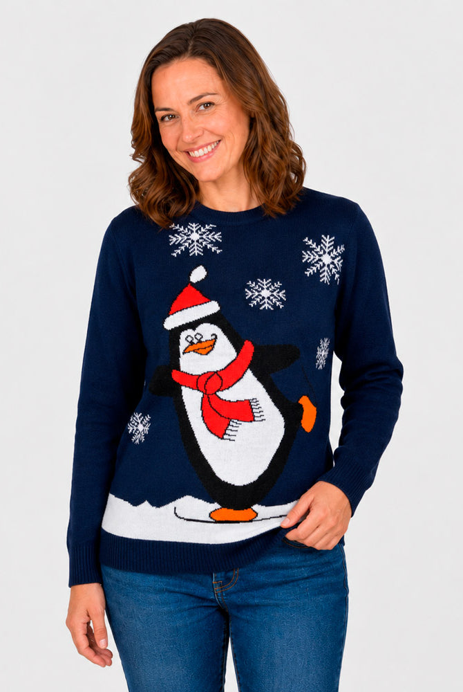 Maglione Natalizio Blu Navy con Pinguino Donna