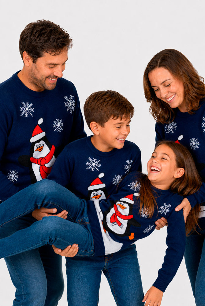 Maglione Natalizio Blu Navy con Pinguino Famiglia