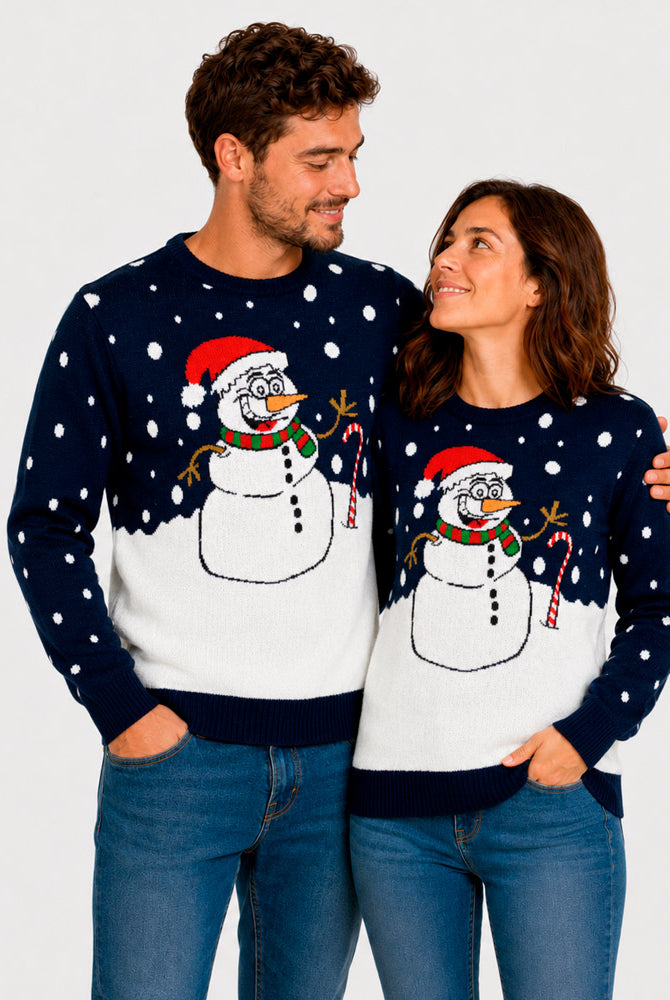 Maglione Natalizio Blu Navy con Pupazzo di Neve Coppia