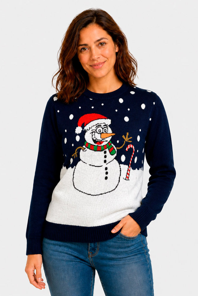 Maglione Natalizio Blu Navy con Pupazzo di Neve Donna