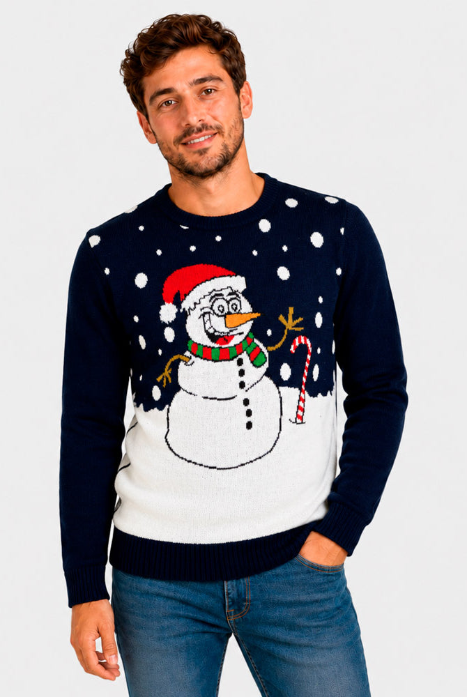 Maglione Natalizio Blu Navy con Pupazzo di Neve Uomo